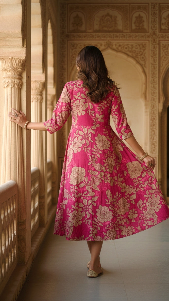 Red Floral Cotton Shirt Dress – Elegant Flared Midi