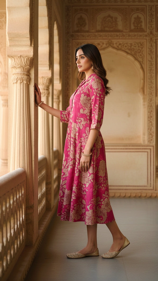 Red Floral Cotton Shirt Dress – Elegant Flared Midi