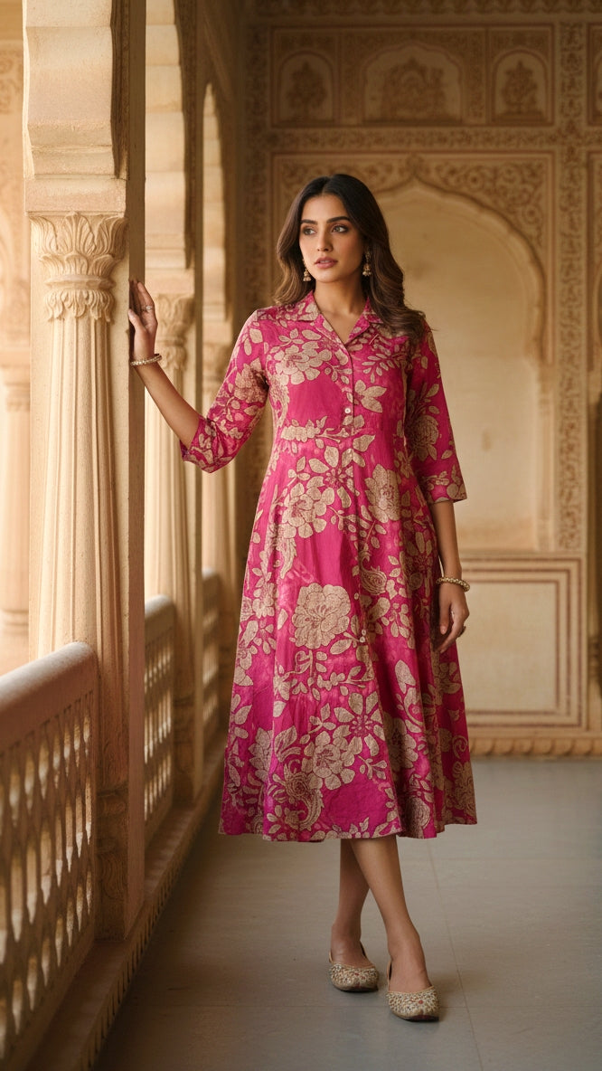 Red Floral Cotton Shirt Dress – Elegant Flared Midi