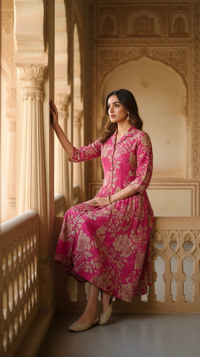 Red Floral Cotton Shirt Dress – Elegant Flared Midi