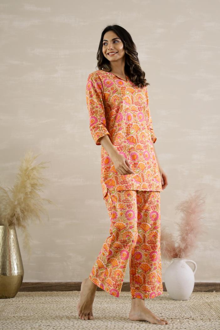 Orange & Pink Floral Jaal Coord Set
