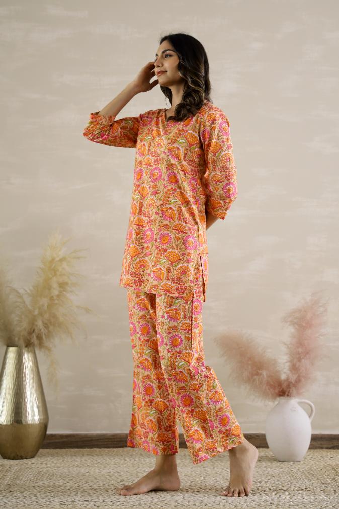 Orange & Pink Floral Jaal Coord Set