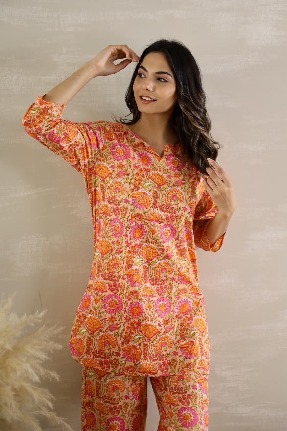 Orange & Pink Floral Jaal Coord Set