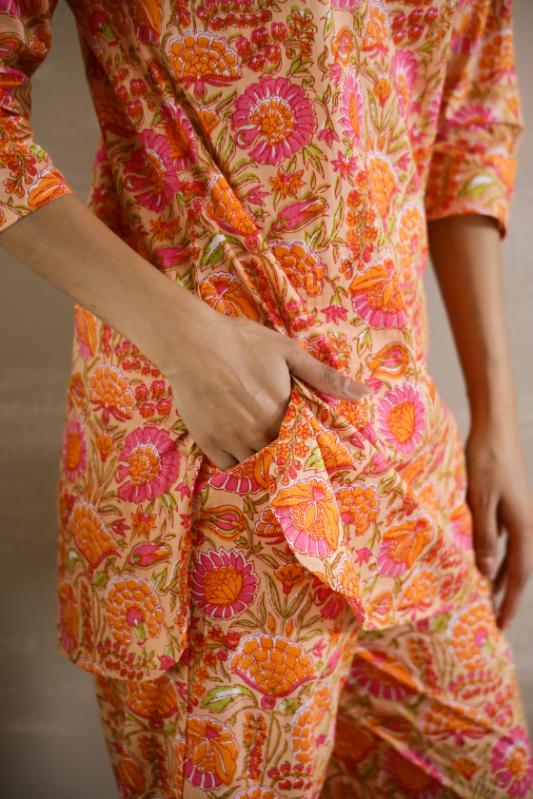 Orange & Pink Floral Jaal Coord Set