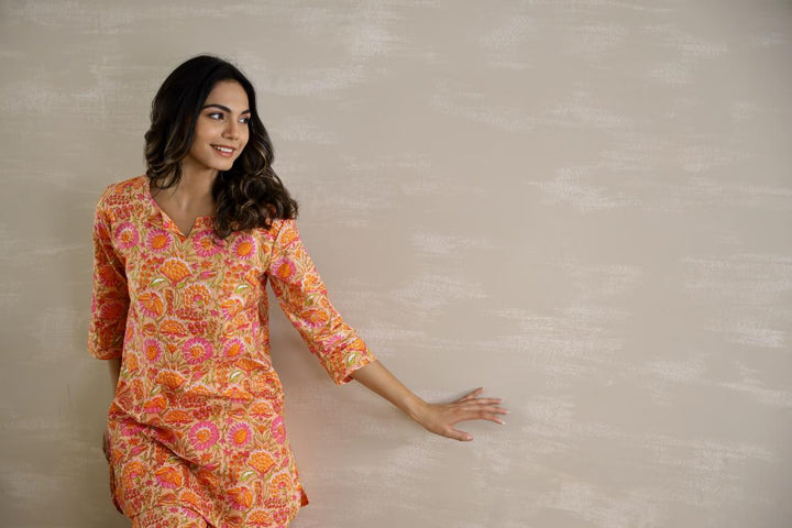 Orange & Pink Floral Jaal Coord Set