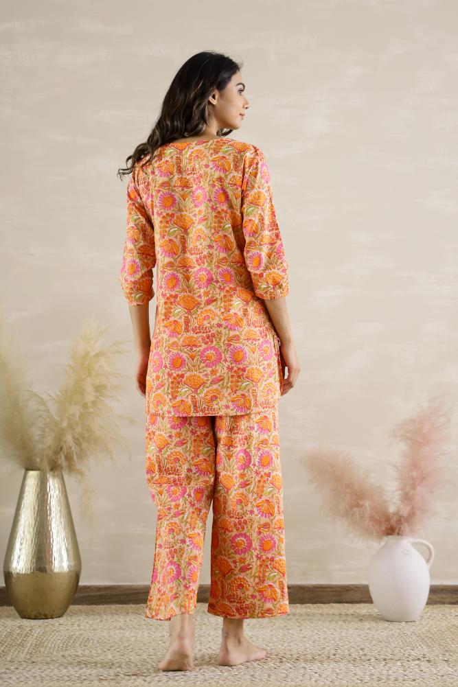 Orange & Pink Floral Jaal Coord Set