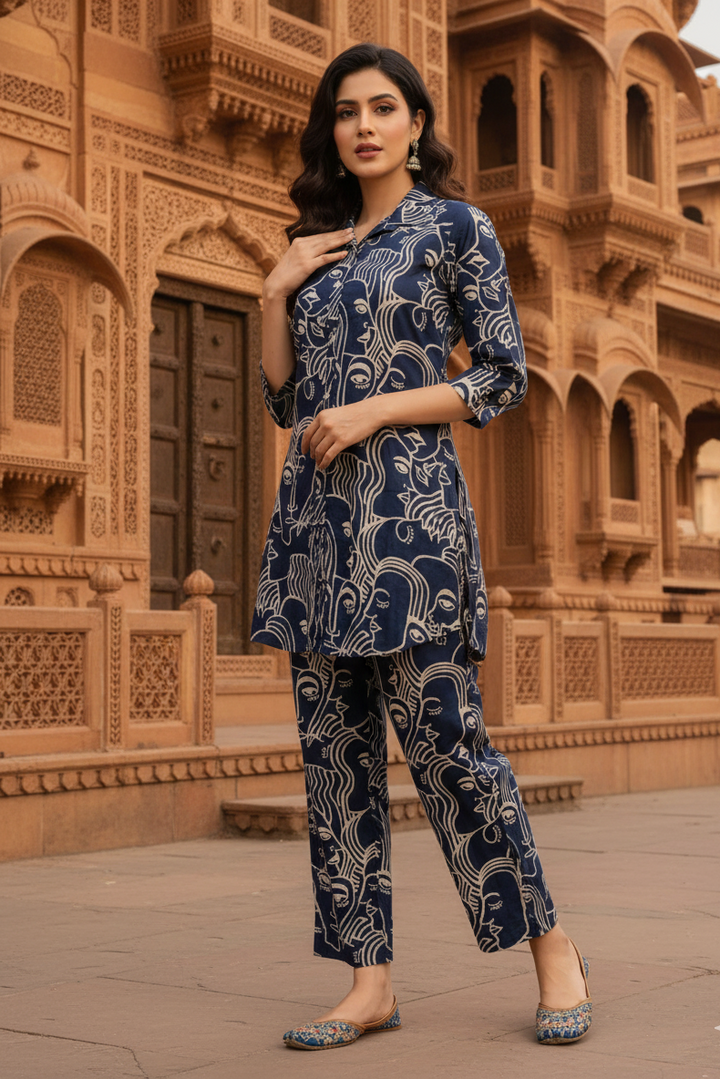 BLUE Artistic Face Print Co-ord Set