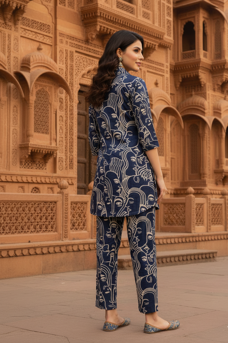 BLUE Artistic Face Print Co-ord Set