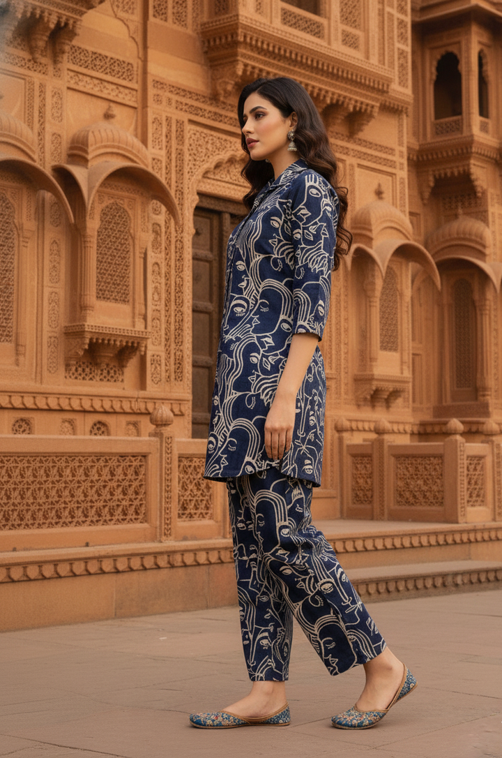 BLUE Artistic Face Print Co-ord Set