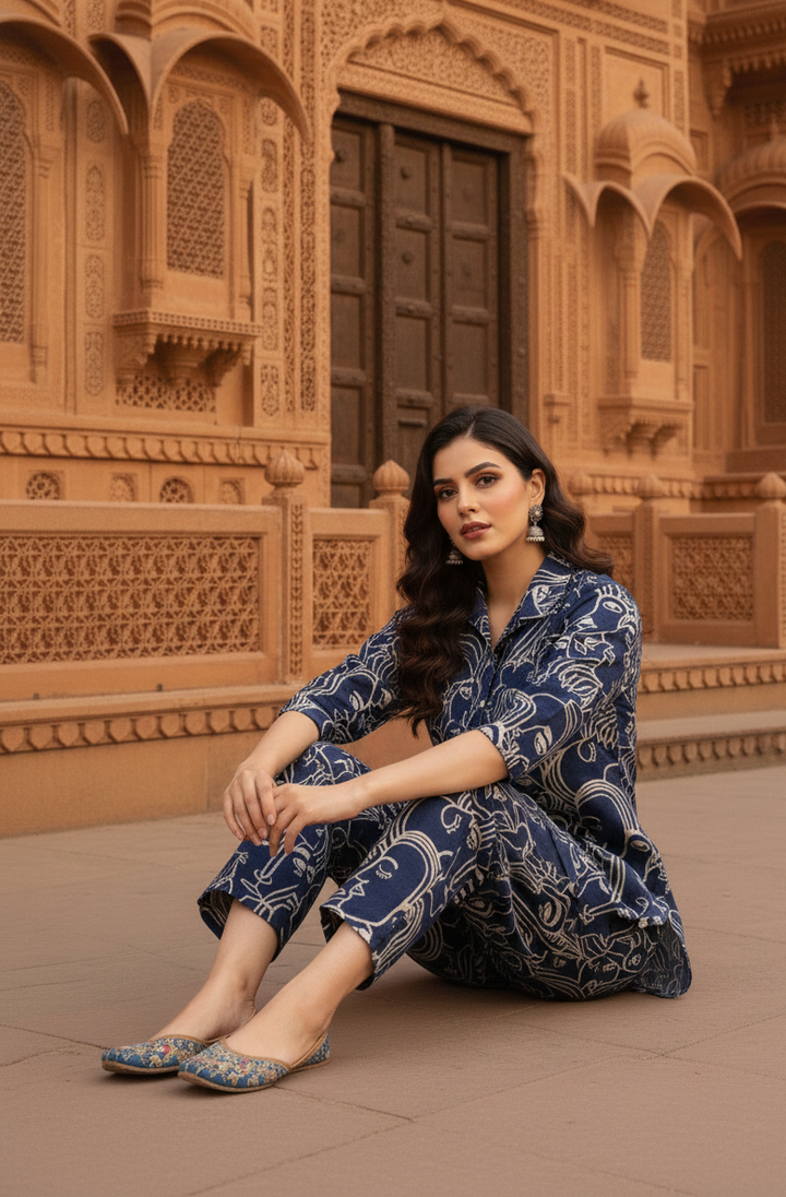 BLUE Artistic Face Print Co-ord Set