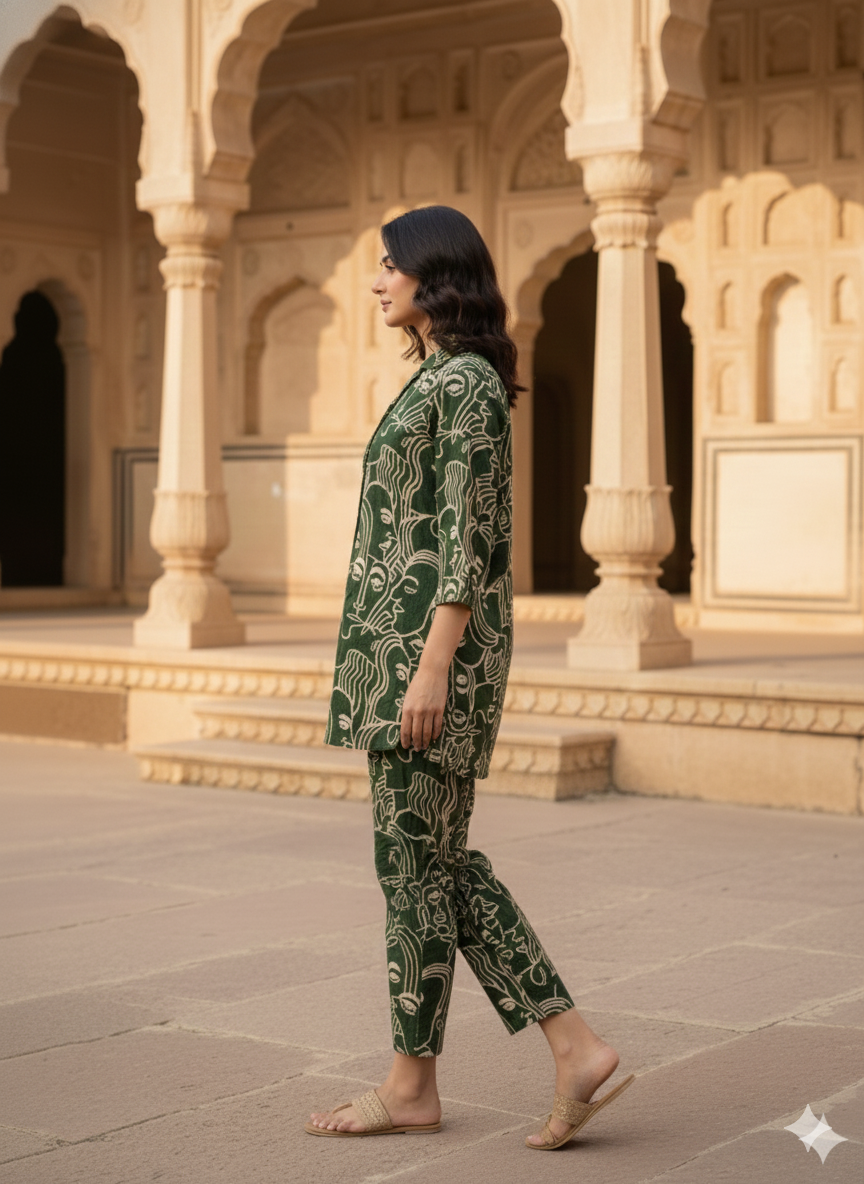 Green Artistic Face Print Co-ord Set