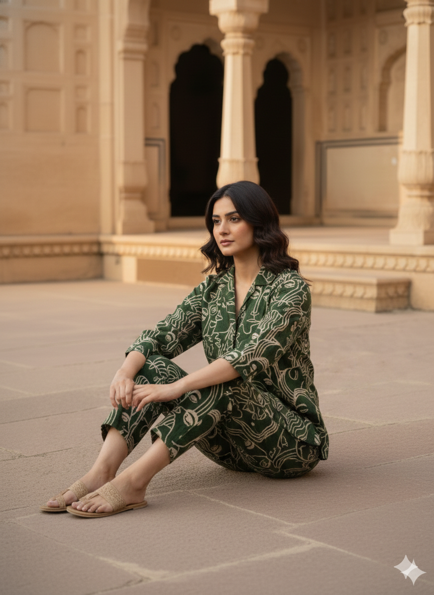 Green Artistic Face Print Co-ord Set