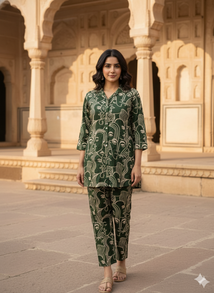 Green Artistic Face Print Co-ord Set