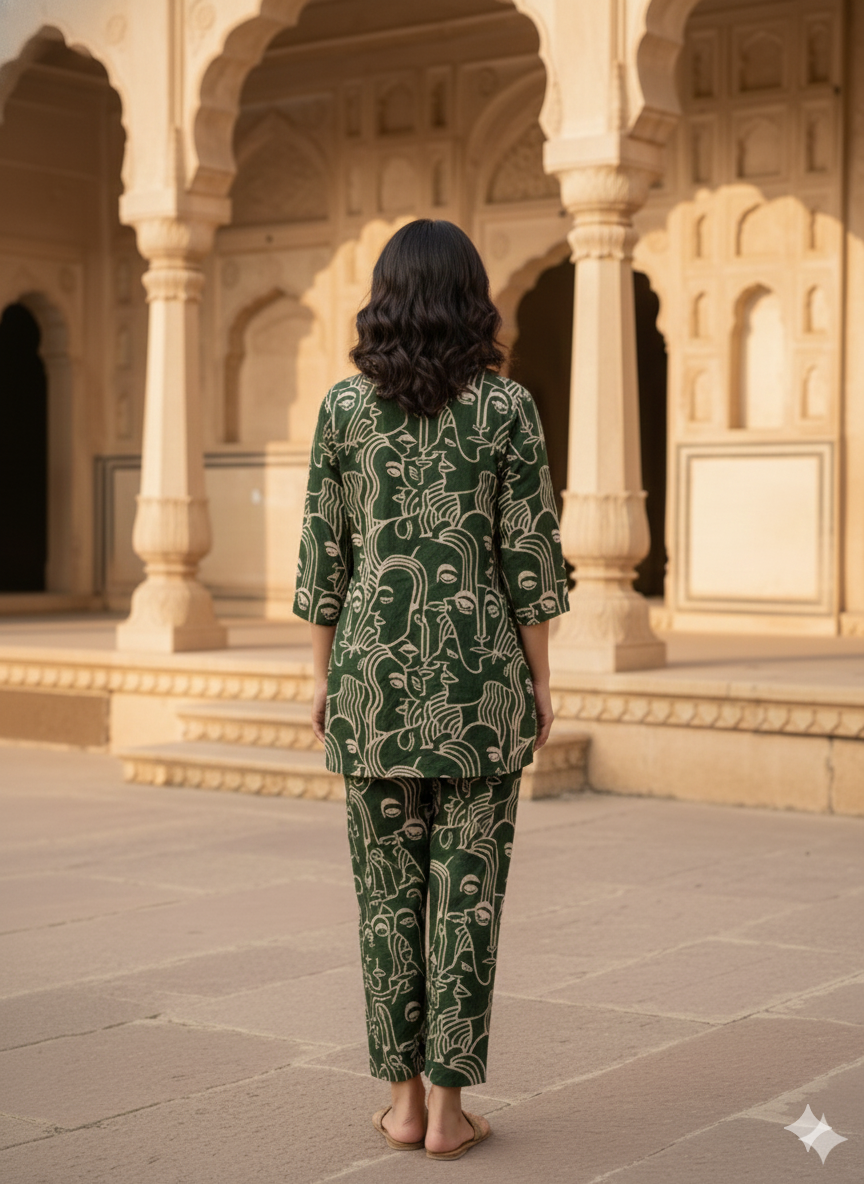 Green Artistic Face Print Co-ord Set