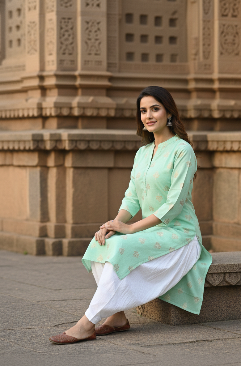 Elegant Mint Green Cotton Kurti with Traditional Motifs