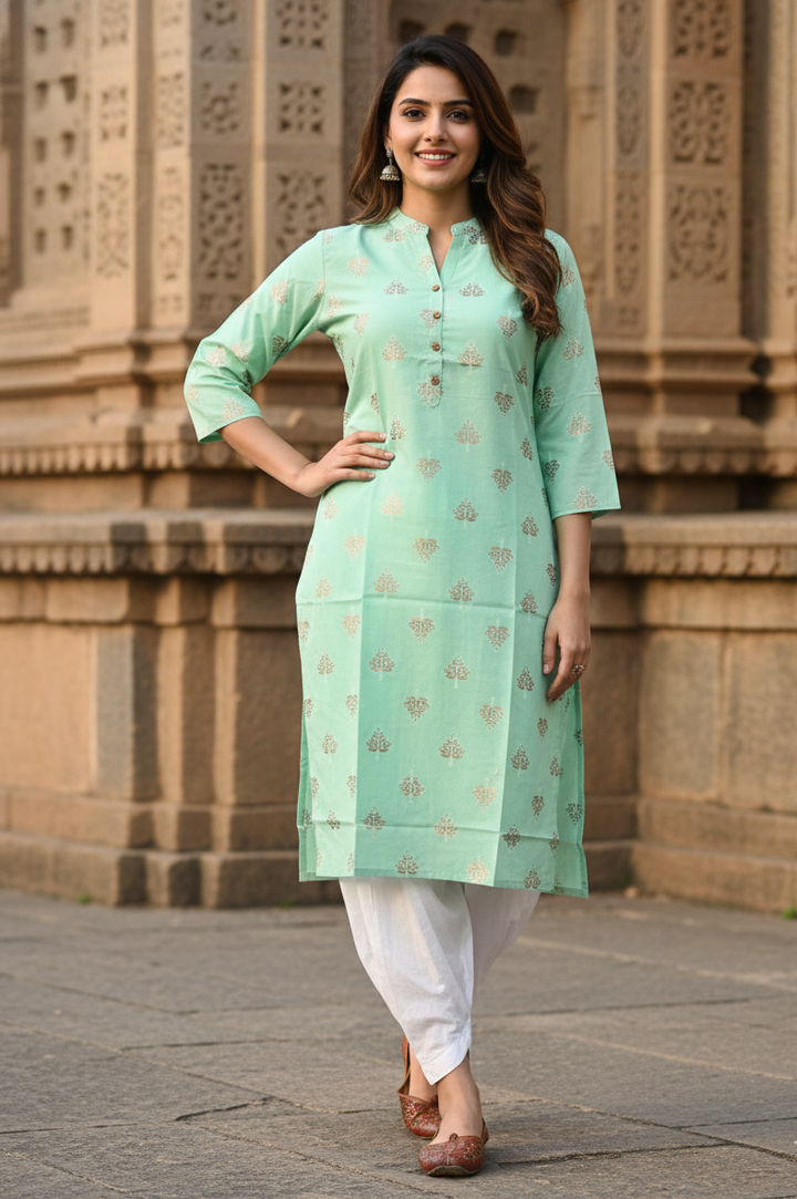 Elegant Mint Green Cotton Kurti with Traditional Motifs