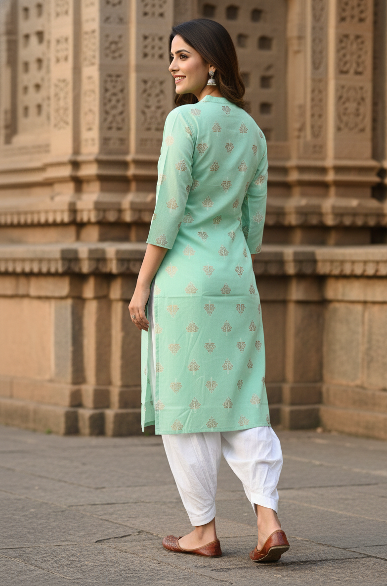 Elegant Mint Green Cotton Kurti with Traditional Motifs