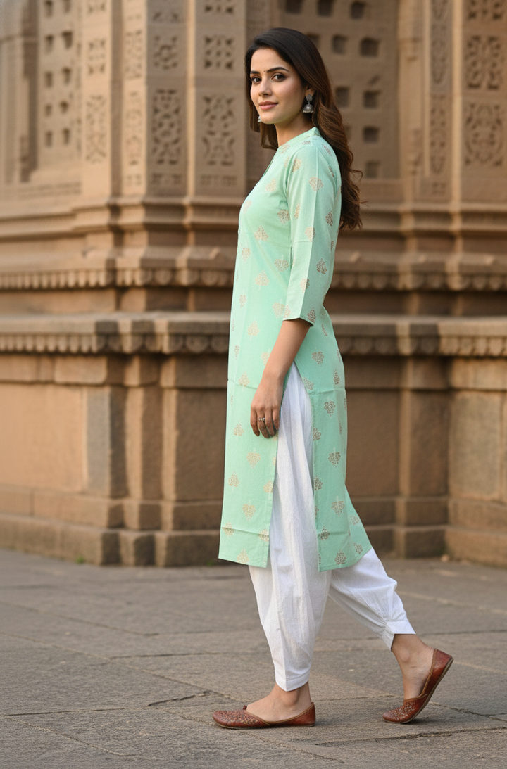 Elegant Mint Green Cotton Kurti with Traditional Motifs