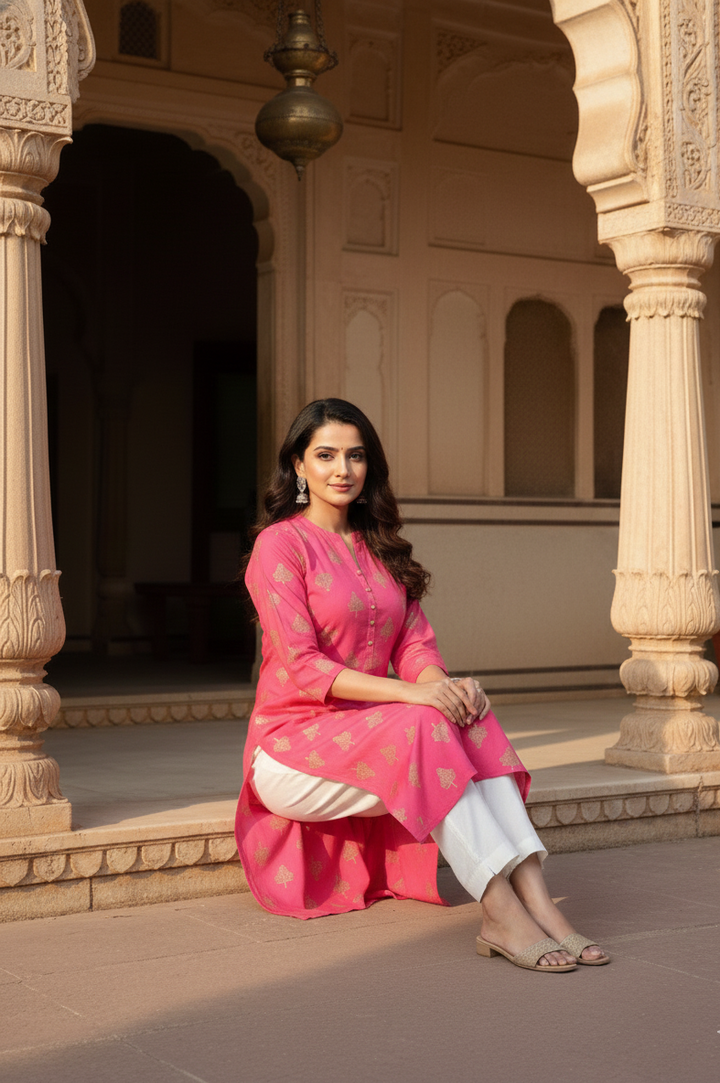 Elegant Pink Cotton Kurti with Traditional Motifs