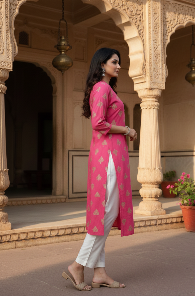 Elegant Pink Cotton Kurti with Traditional Motifs