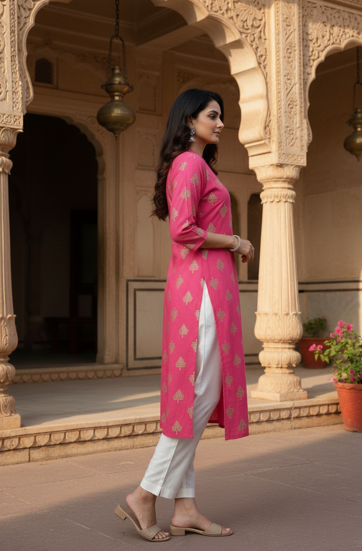 Elegant Pink Cotton Kurti with Traditional Motifs