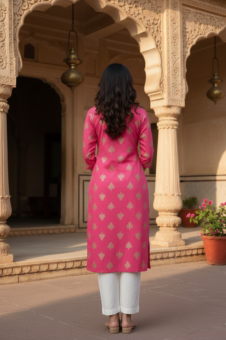 Elegant Pink Cotton Kurti with Traditional Motifs