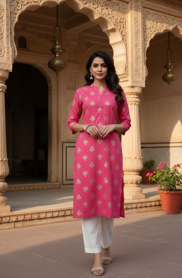 Elegant Pink Cotton Kurti with Traditional Motifs