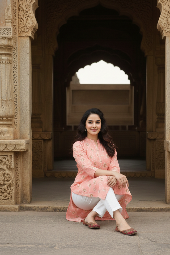 Women’s Peach Cotton Handblock Printed Straight Kurti