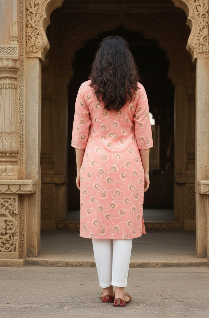Women’s Peach Cotton Handblock Printed Straight Kurti