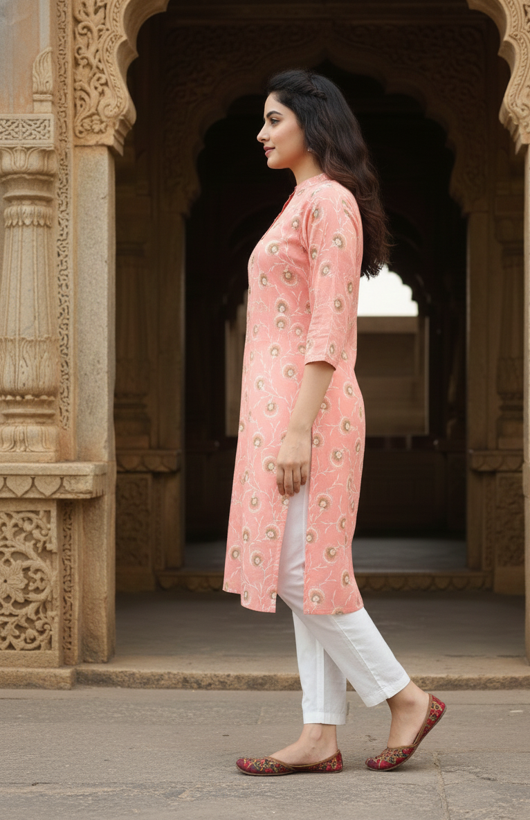 Women’s Peach Cotton Handblock Printed Straight Kurti