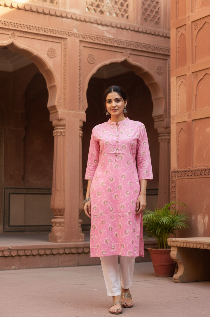 Women’s Light Pink Cotton Handblock Printed Straight Kurti