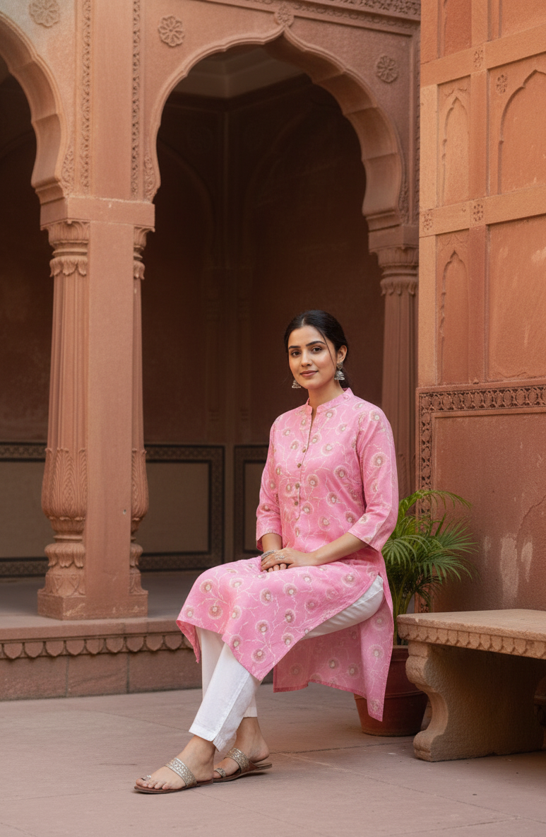 Women’s Light Pink Cotton Handblock Printed Straight Kurti