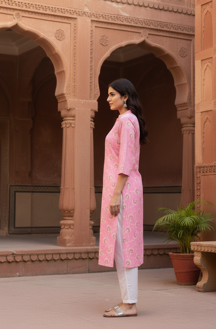 Women’s Light Pink Cotton Handblock Printed Straight Kurti
