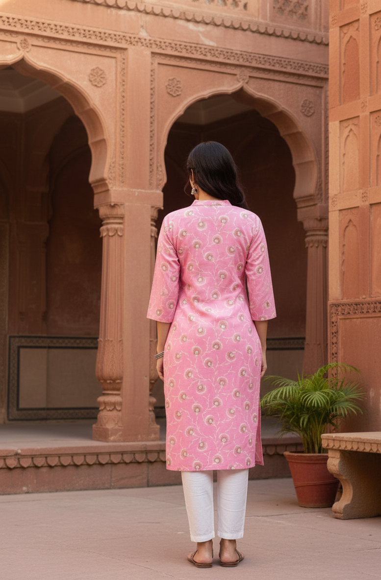 Women’s Light Pink Cotton Handblock Printed Straight Kurti