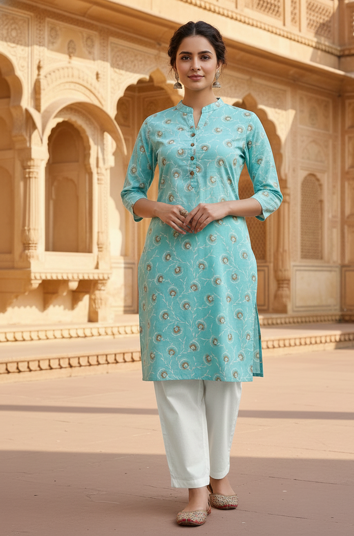 Elegant Sky Blue Printed Kurta with White Pants – Casual & Ethnic Wear