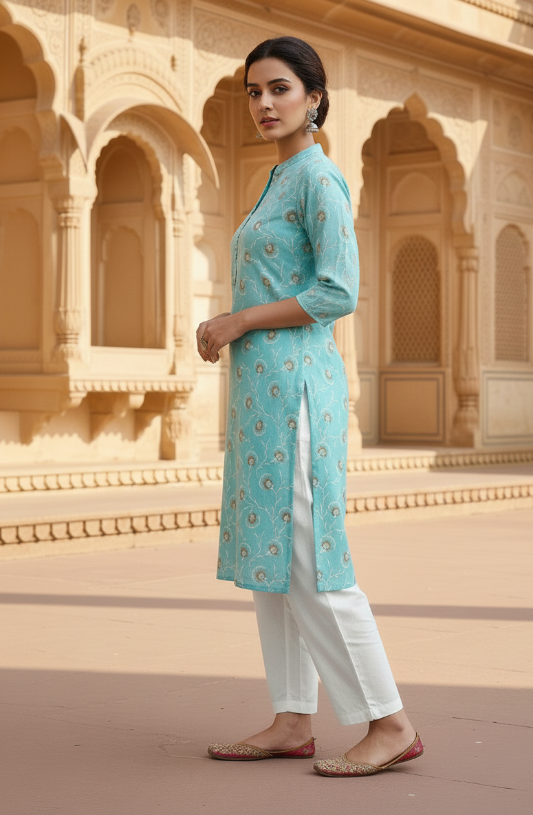 Elegant Sky Blue Printed Kurta with White Pants – Casual & Ethnic Wear