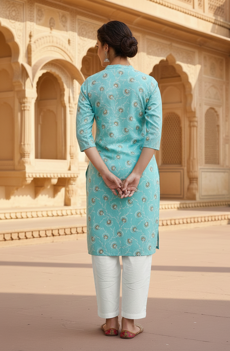 Elegant Sky Blue Printed Kurta with White Pants – Casual & Ethnic Wear