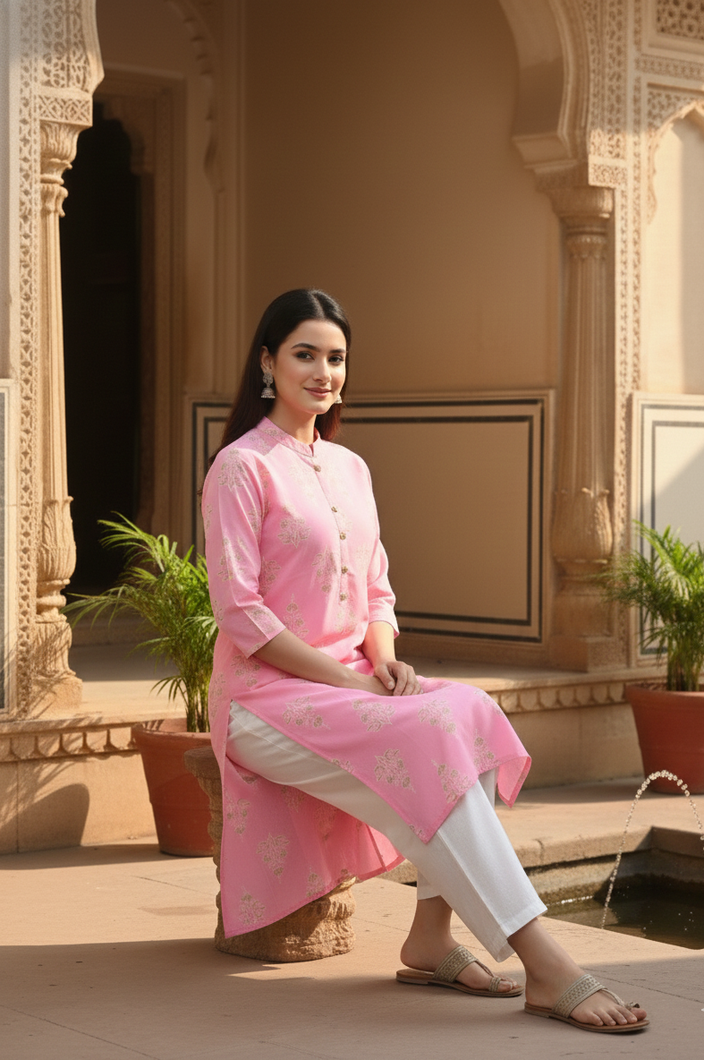 Elegant Soft Pink Ethnic Kurti with Classic Print