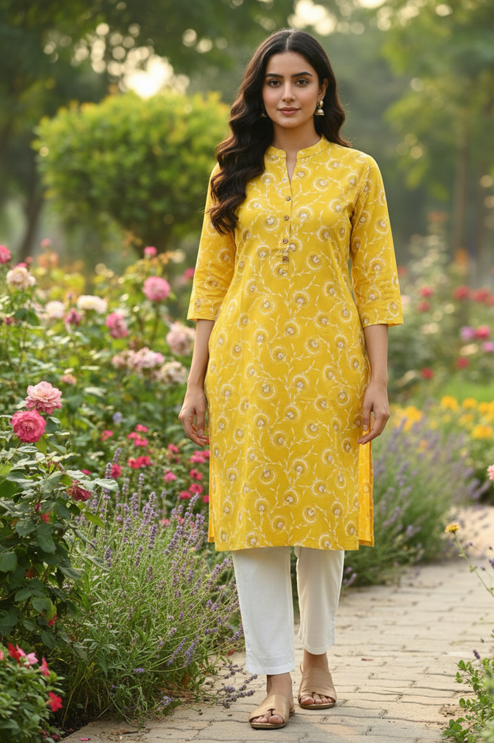 Elegant Yellow Ethnic Kurti with Classic Motif Print