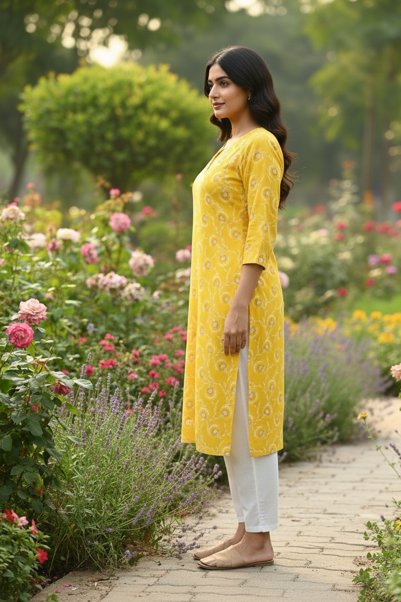 Elegant Yellow Ethnic Kurti with Classic Motif Print