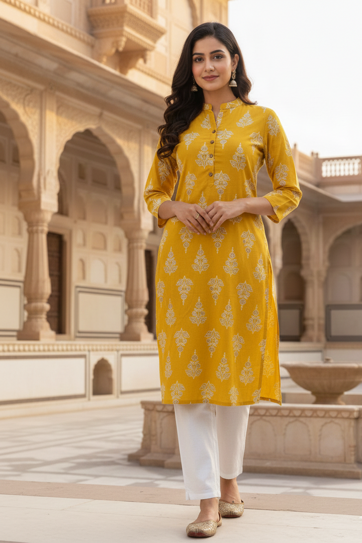 Elegant Yellow Cotton Kurti with Traditional Motifs