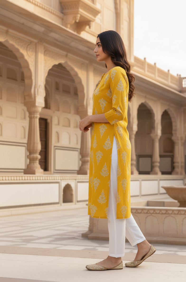 Elegant Yellow Cotton Kurti with Traditional Motifs