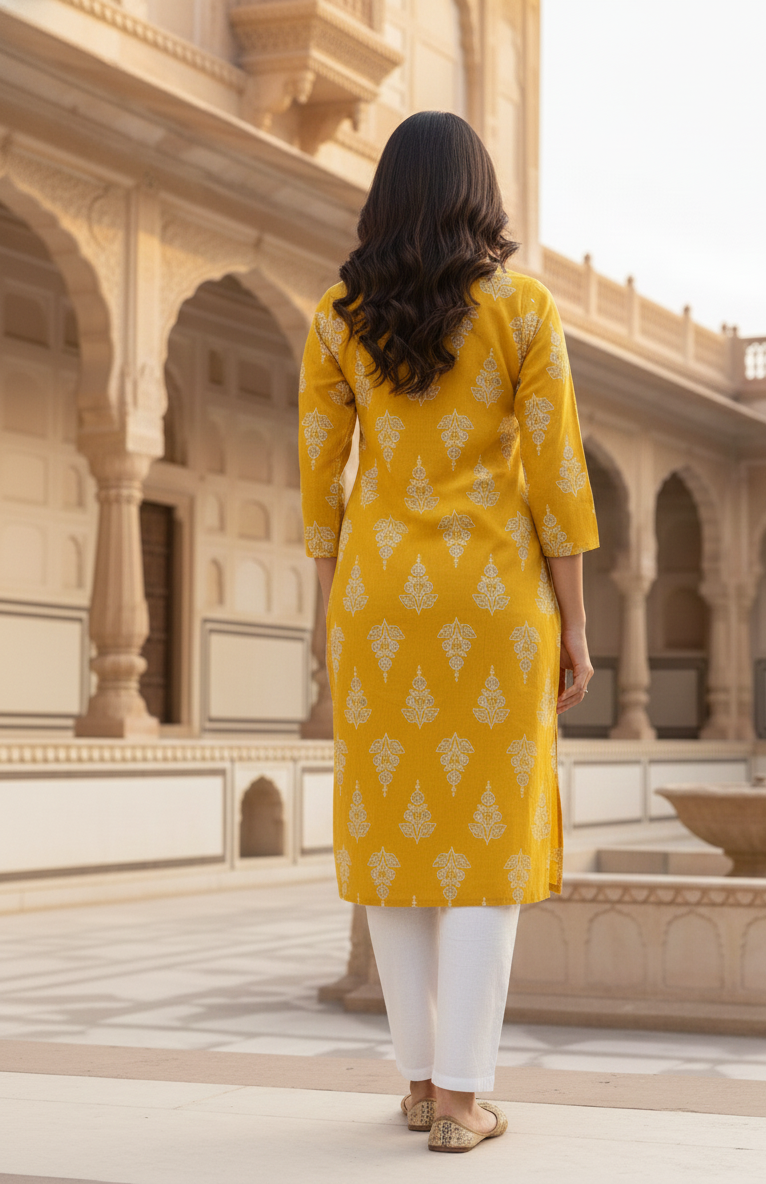 Elegant Yellow Cotton Kurti with Traditional Motifs