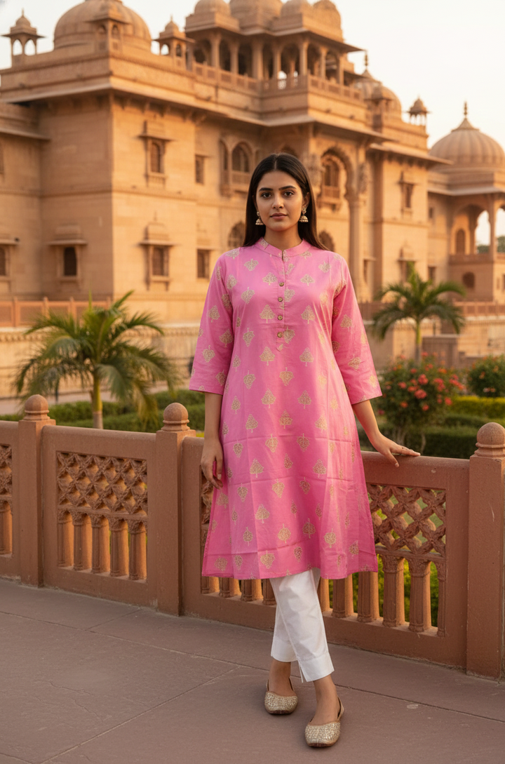 Elegant Pink Cotton Kurti with Traditional Motifs
