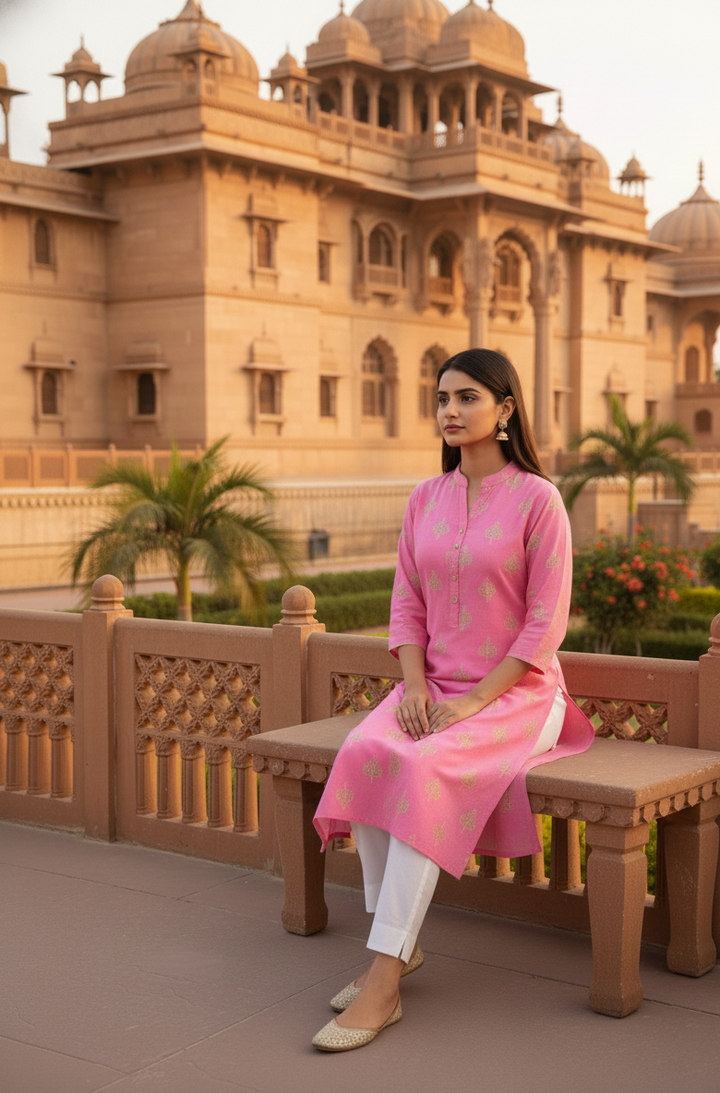 Elegant Pink Cotton Kurti with Traditional Motifs