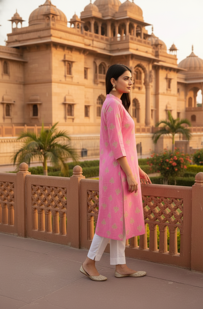 Elegant Pink Cotton Kurti with Traditional Motifs
