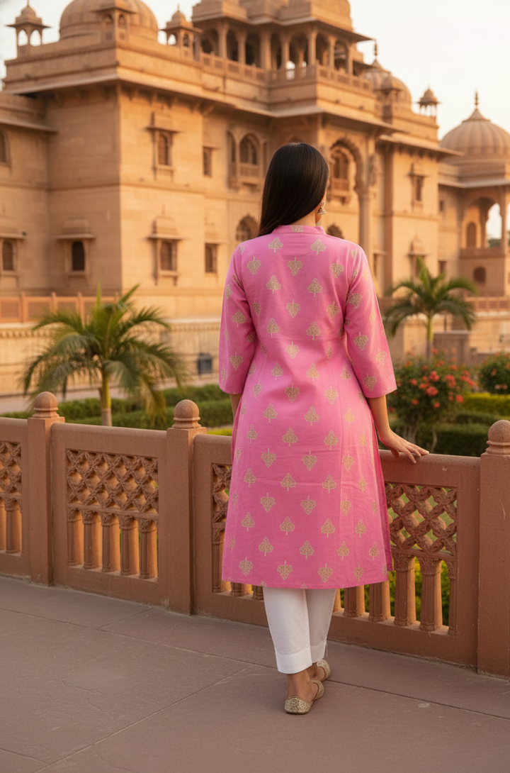 Elegant Pink Cotton Kurti with Traditional Motifs