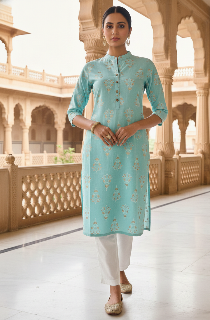 Mint Green Handblock Printed Cotton Kurti