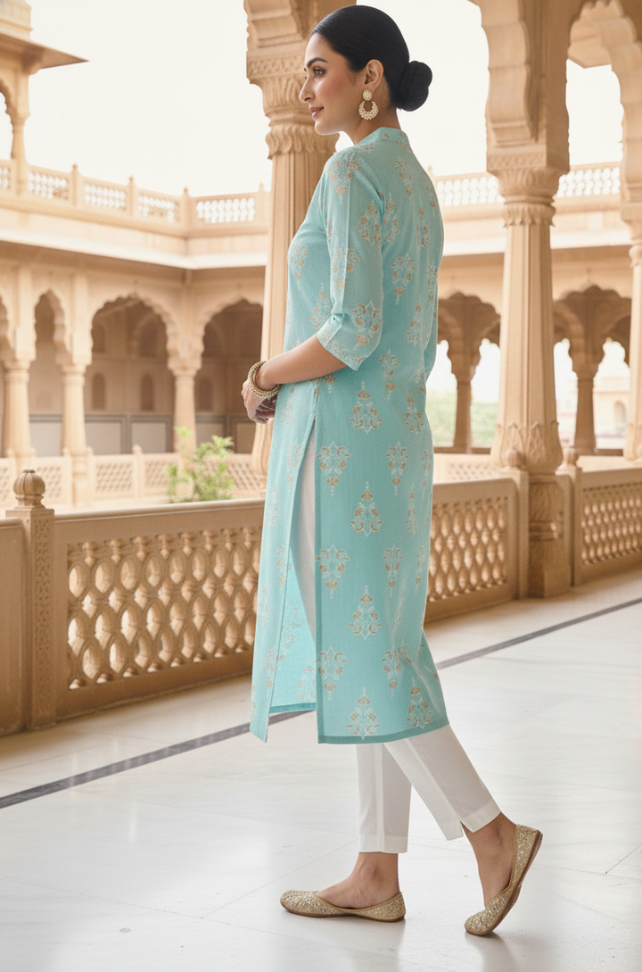 Mint Green Handblock Printed Cotton Kurti