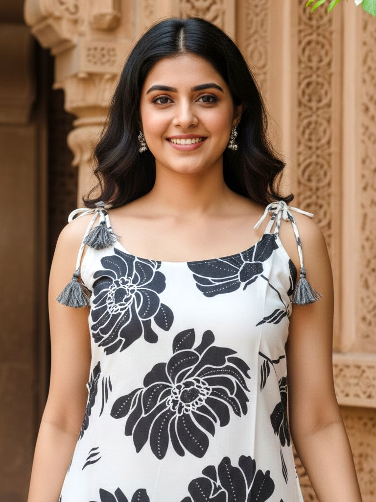 Black & White Floral Printed Cotton Midi Dress